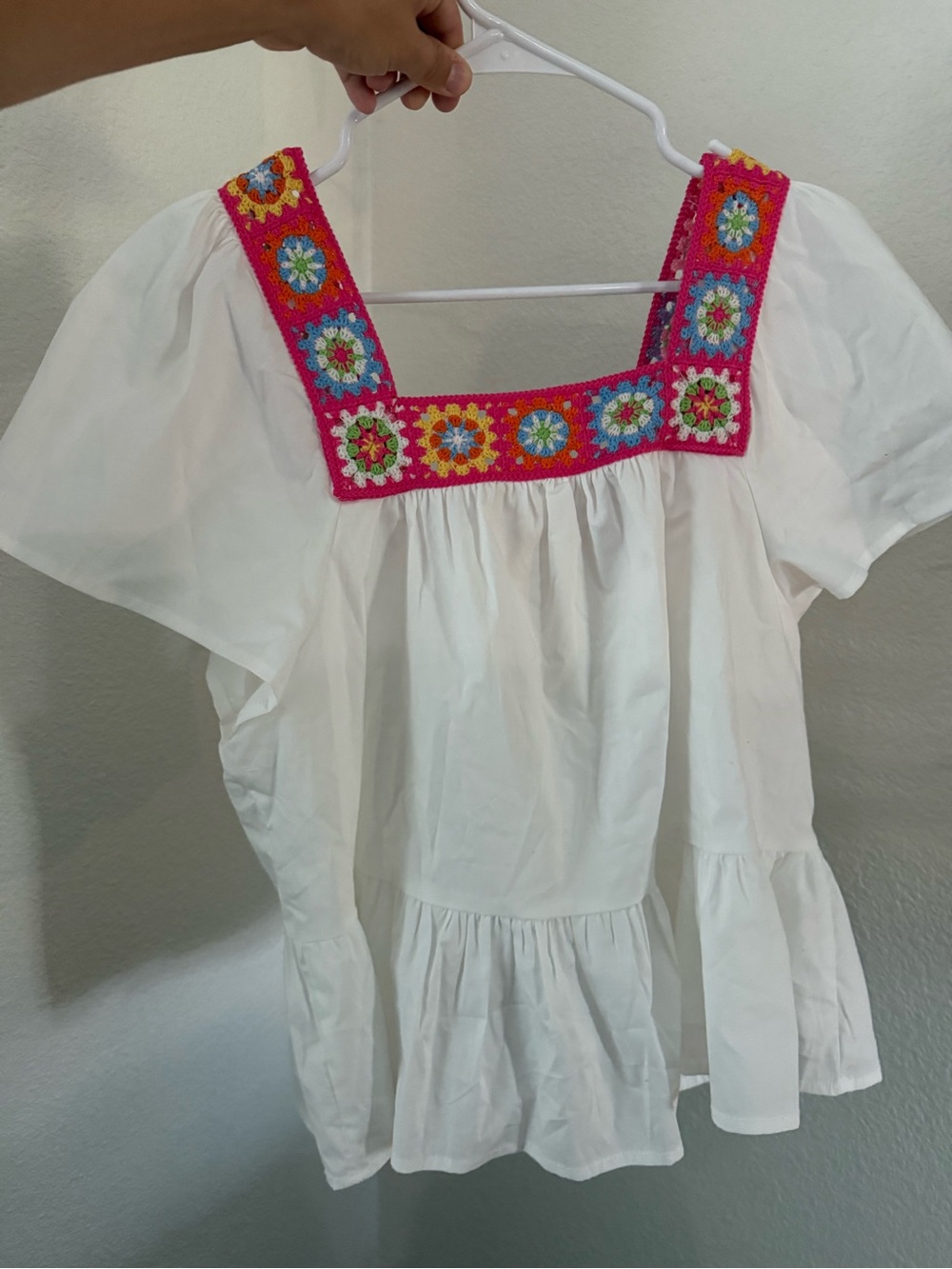 Laurel Grey White Top with Pink Multicolor Crochet Square Neck